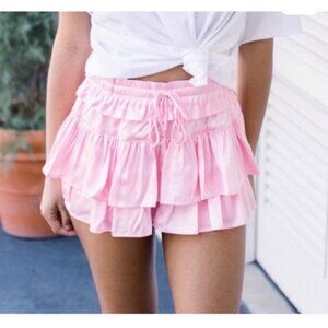 Shug Pink Ruffle Layered Mini Skirt Medium 100% silk Elastic Waist (bin S115)